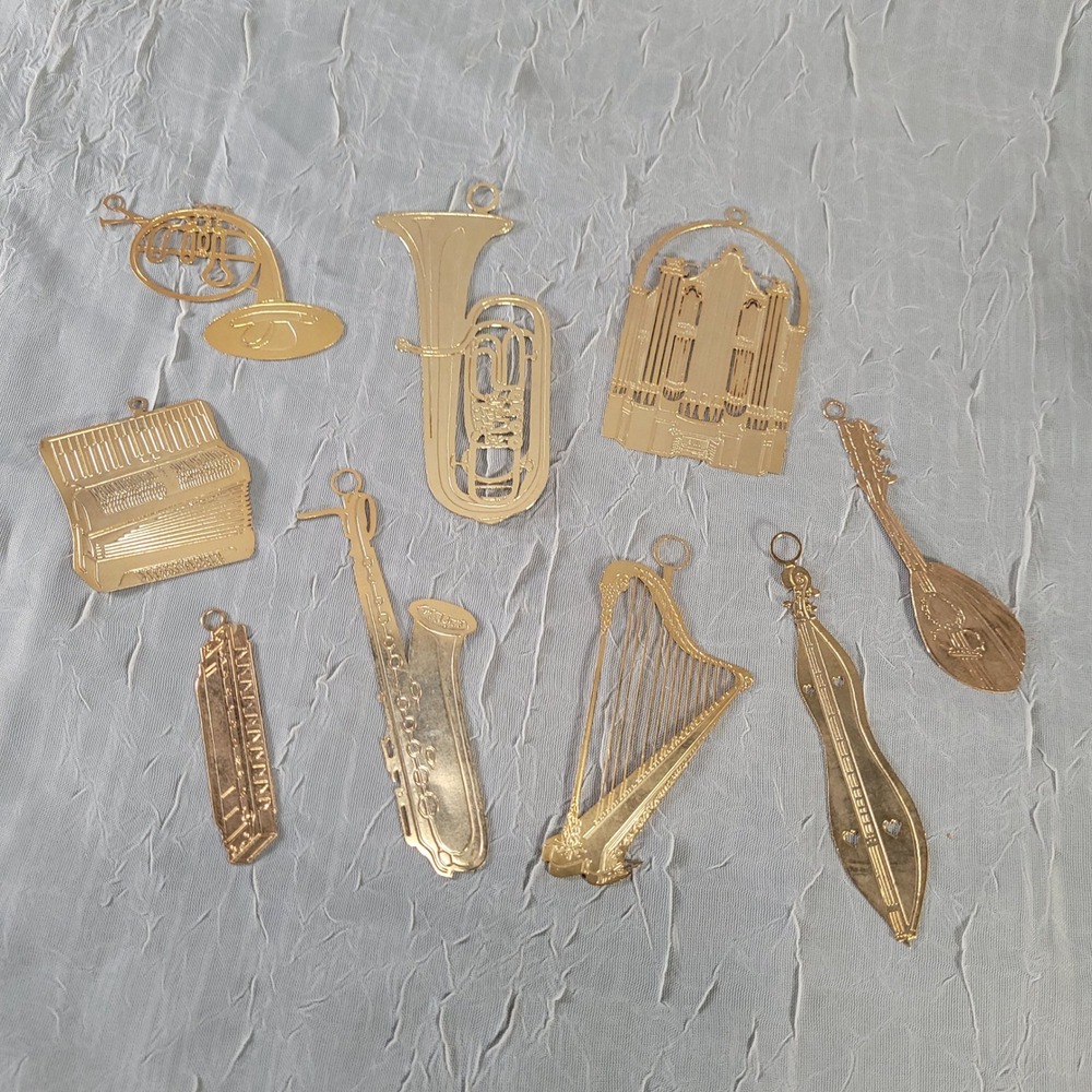 Vintage Micro-Foundry Musical Instrument Ornaments Lot 9 Gold Brass 1972